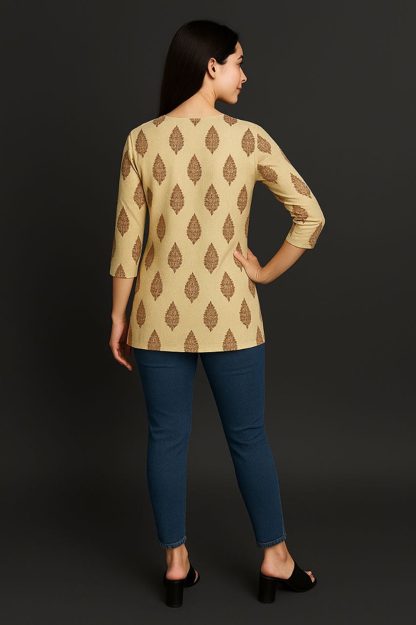 LEHZA Short Printed Kurti – Premium Fabric (Beige)