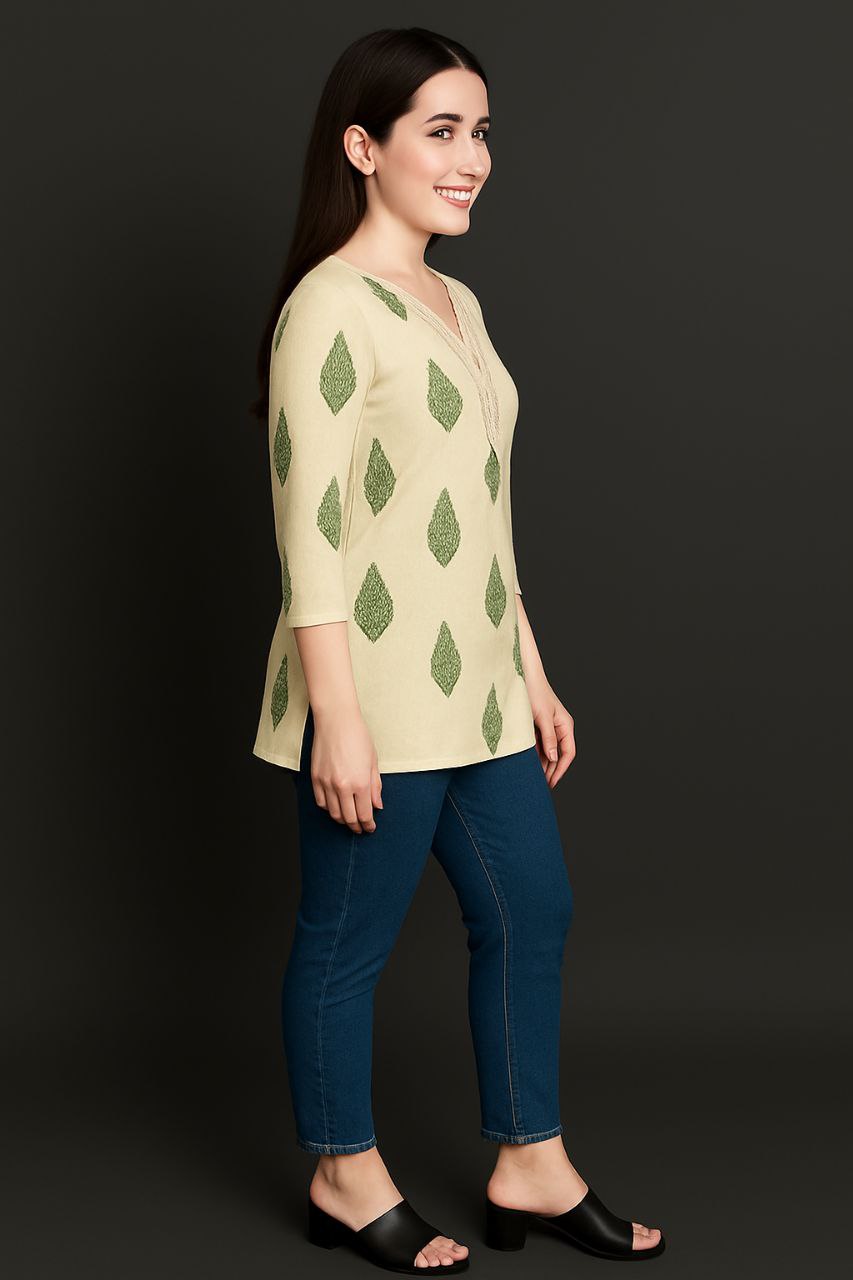 LEHZA Short Printed Kurti – Premium Fabric (Beige)