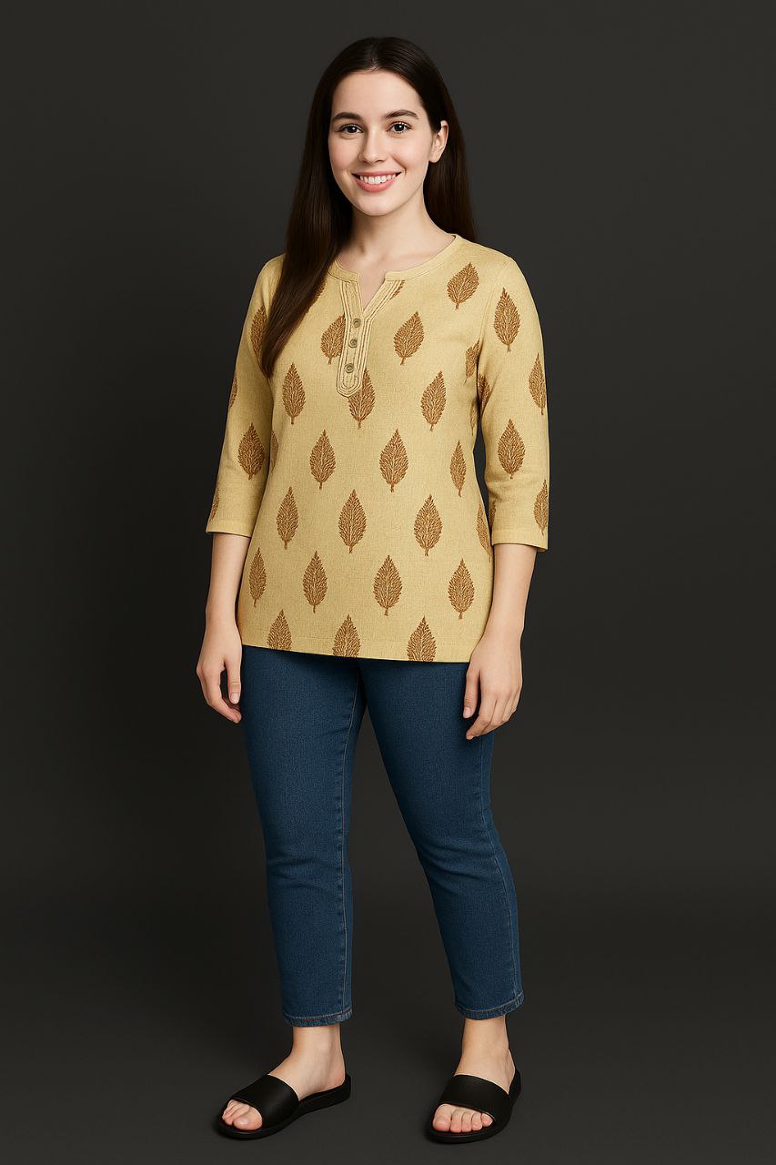 LEHZA Short Printed Kurti – Premium Fabric (Beige)
