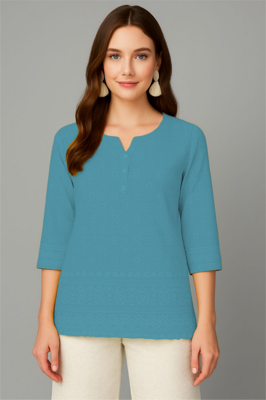 LEHZA Short Chikankari Kurti – Crafted With Elegance (Blue)