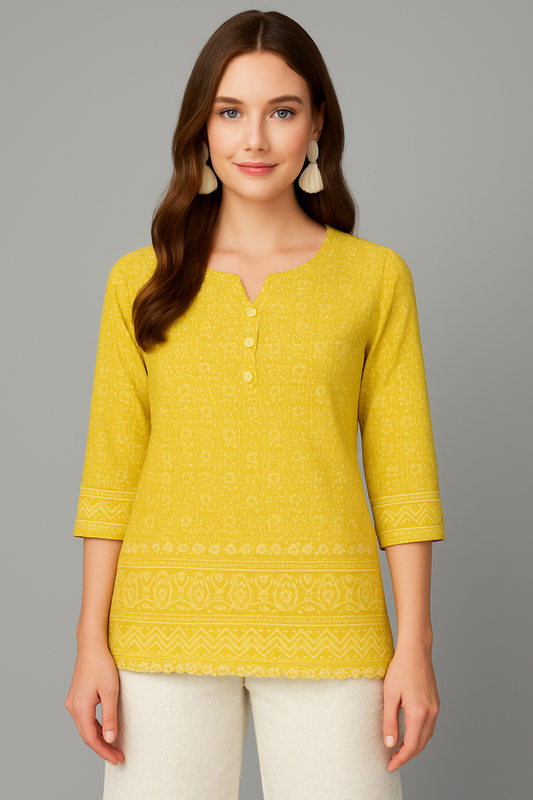 LEHZA Short Chikankari Kurti – Crafted With Elegance (Yellow)