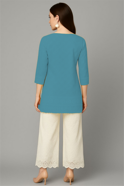 LEHZA Short Chikankari Kurti – Crafted With Elegance (Blue)