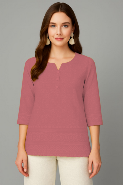LEHZA Short Chikankari Kurti – Crafted With Elegance (Dark Pink)