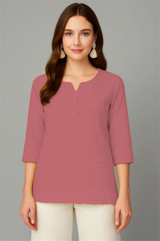 LEHZA Short Chikankari Kurti – Crafted With Elegance (Dark Pink)