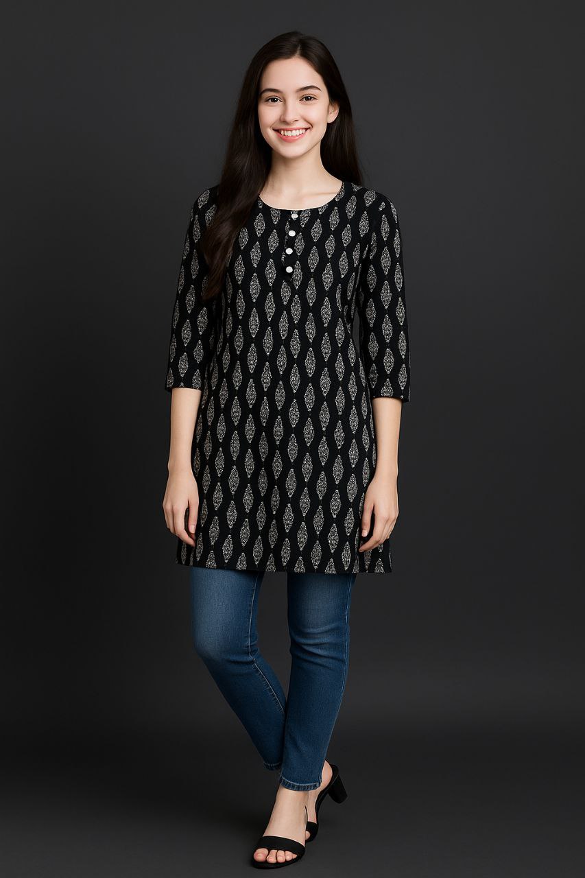 LEHZA Printed Kurti – Elegently Designed (Black)