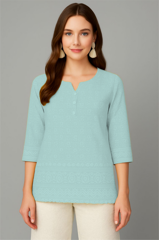 LEHZA Short Chikankari Kurti – Crafted With Elegance (Light Blue)