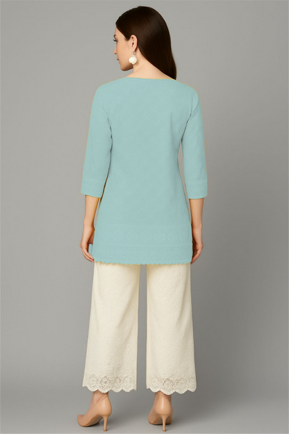 LEHZA Short Chikankari Kurti – Crafted With Elegance (Light Blue)