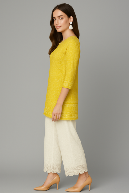 LEHZA Short Chikankari Kurti – Crafted With Elegance (Yellow)