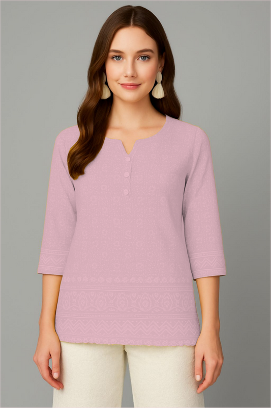 LEHZA Short Chikankari Kurti – Crafted With Elegance (Rose Gold)